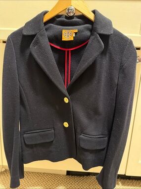 Tory Burch Navy Wool-Blend Tailored Blazer with Gold Buttons